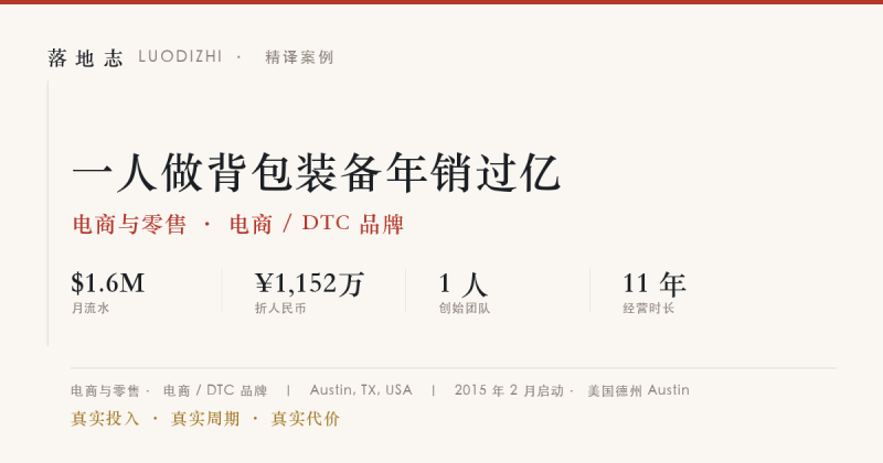 电商与零售-电商 / DTC 品牌 | 月流水 ¥1,152万｜一人做背包装备年销过亿落地志 - 创业与数字化落地案例库｜真实投入·真实周期·真实代价落地志