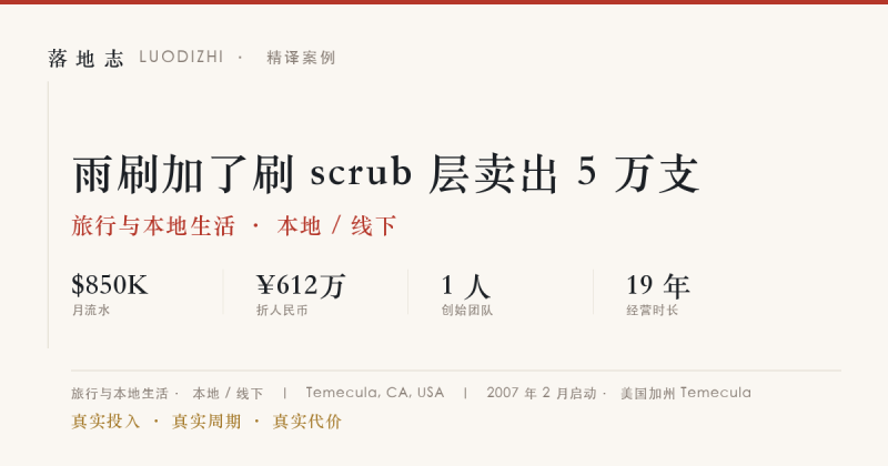 旅行与本地生活-本地 / 线下 | 月流水 ¥612万｜雨刷加了刷 scrub 层卖出 5 万支落地志 - 创业与数字化落地案例库｜真实投入·真实周期·真实代价落地志