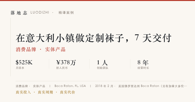 消费品牌-实体产品 | 月流水 ¥378万｜在意大利小镇做定制袜子，7 天交付落地志 - 创业与数字化落地案例库｜真实投入·真实周期·真实代价落地志