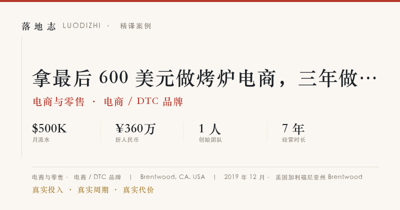 电商与零售-电商 / DTC 品牌 | 月流水 ¥360万｜拿最后 600 美元做烤炉电商，三年做到千万美元落地志 - 创业与数字化落地案例库｜真实投入·真实周期·真实代价落地志