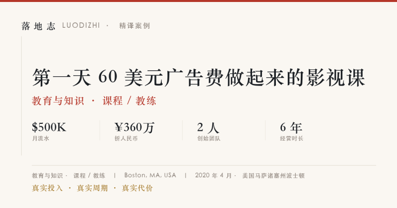 教育与知识-课程 / 教练 | 月流水 ¥360万｜第一天 60 美元广告费做起来的影视课落地志 - 创业与数字化落地案例库｜真实投入·真实周期·真实代价落地志