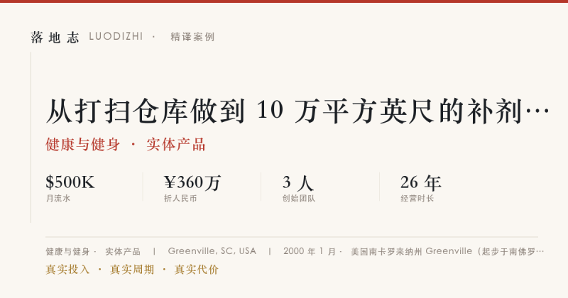 健康与健身-实体产品 | 月流水 ¥360万｜从打扫仓库做到 10 万平方英尺的补剂工厂落地志 - 创业与数字化落地案例库｜真实投入·真实周期·真实代价落地志