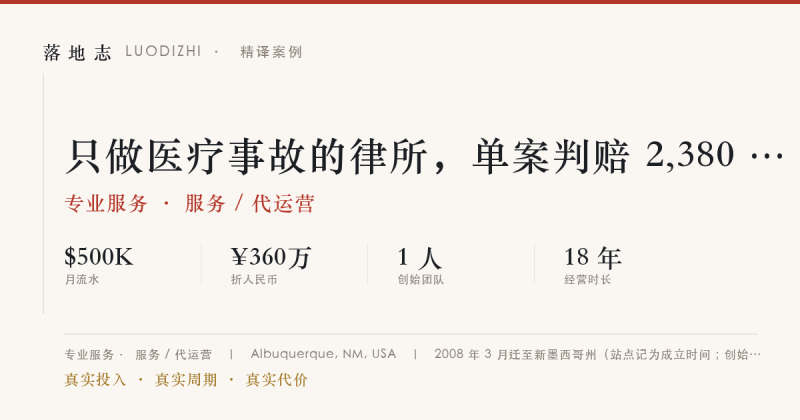 专业服务-服务 / 代运营 | 月流水 ¥360万｜只做医疗事故的律所，单案判赔 2,380 万美元落地志 - 创业与数字化落地案例库｜真实投入·真实周期·真实代价落地志