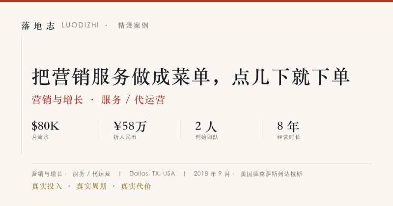 营销与增长-服务 / 代运营 | 月流水 ¥58万｜把营销服务做成菜单，点几下就下单落地志 - 创业与数字化落地案例库｜真实投入·真实周期·真实代价落地志