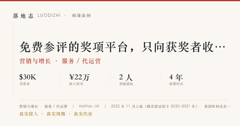 营销与增长-服务 / 代运营 | 月流水 ¥22万｜免费参评的奖项平台，只向获奖者收费落地志 - 创业与数字化落地案例库｜真实投入·真实周期·真实代价落地志