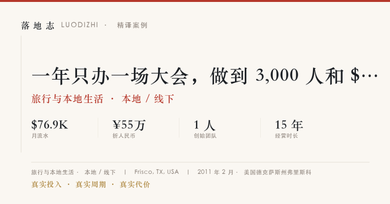 旅行与本地生活-本地 / 线下 | 月流水 ¥55万｜一年只办一场大会，做到 3,000 人和 $1.6M 营收落地志 - 创业与数字化落地案例库｜真实投入·真实周期·真实代价落地志