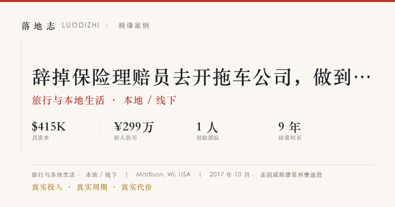 旅行与本地生活-本地 / 线下 | 月流水 ¥299万｜辞掉保险理赔员去开拖车公司，做到年销 $5M落地志 - 创业与数字化落地案例库｜真实投入·真实周期·真实代价落地志